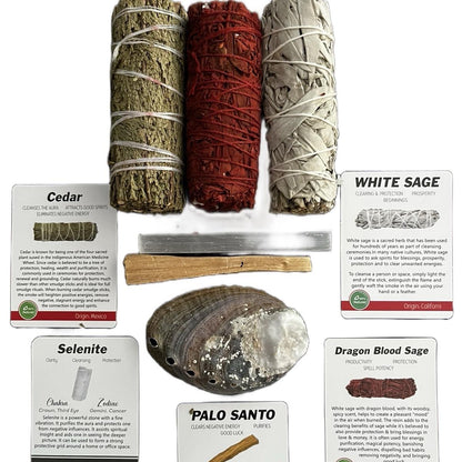 White Sage, Cedarwood, Dragon's Blood Sage, Palo Santo, Abalone Shell Incense Kit - Ideal for Gifting