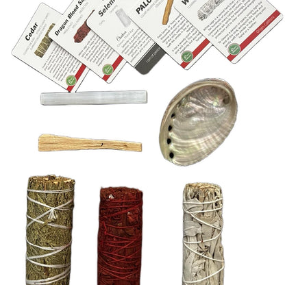 White Sage, Cedarwood, Dragon's Blood Sage, Palo Santo, Abalone Shell Incense Kit - Ideal for Gifting